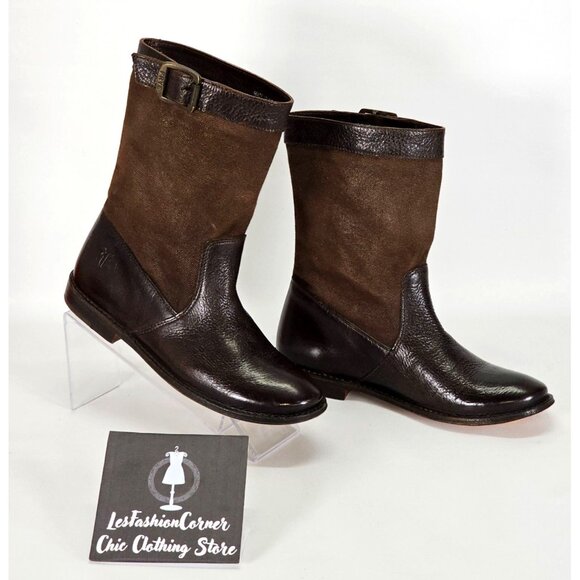 NWOB FRYE Women's Brown Leather/Canvas Shaft Buckle Ankle Boots Size 5.5 1888 - Picture 3 of 14